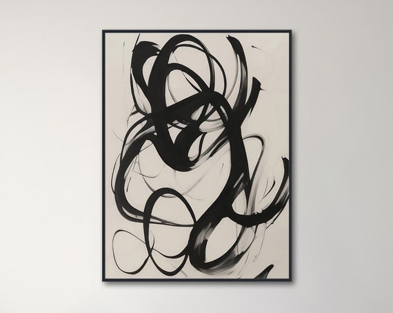 Black And Off White Abstract Wall Art Framed Print Large Modern Abstract Painting Off White And Black Art Dancing Sketch 1