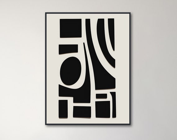 Large Mid Century Wall Art Framed Print Midcentury Modern Abstract Painting Black And White Geometric Shapes Doodle