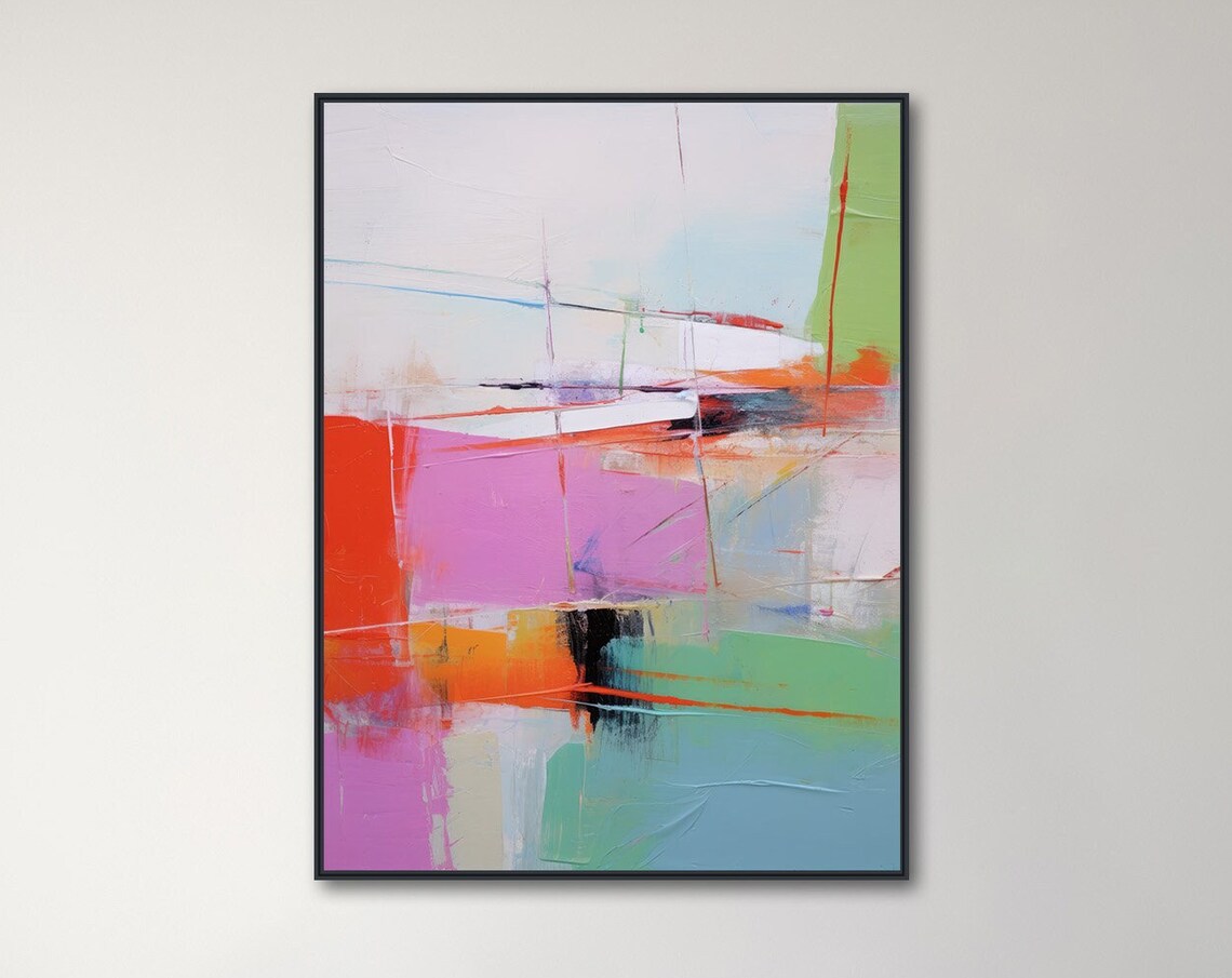 Large Abstract Wall Art Framed Print Modern Abstract Painting Extra Large Mint Orange Purple Artwork Inception 2