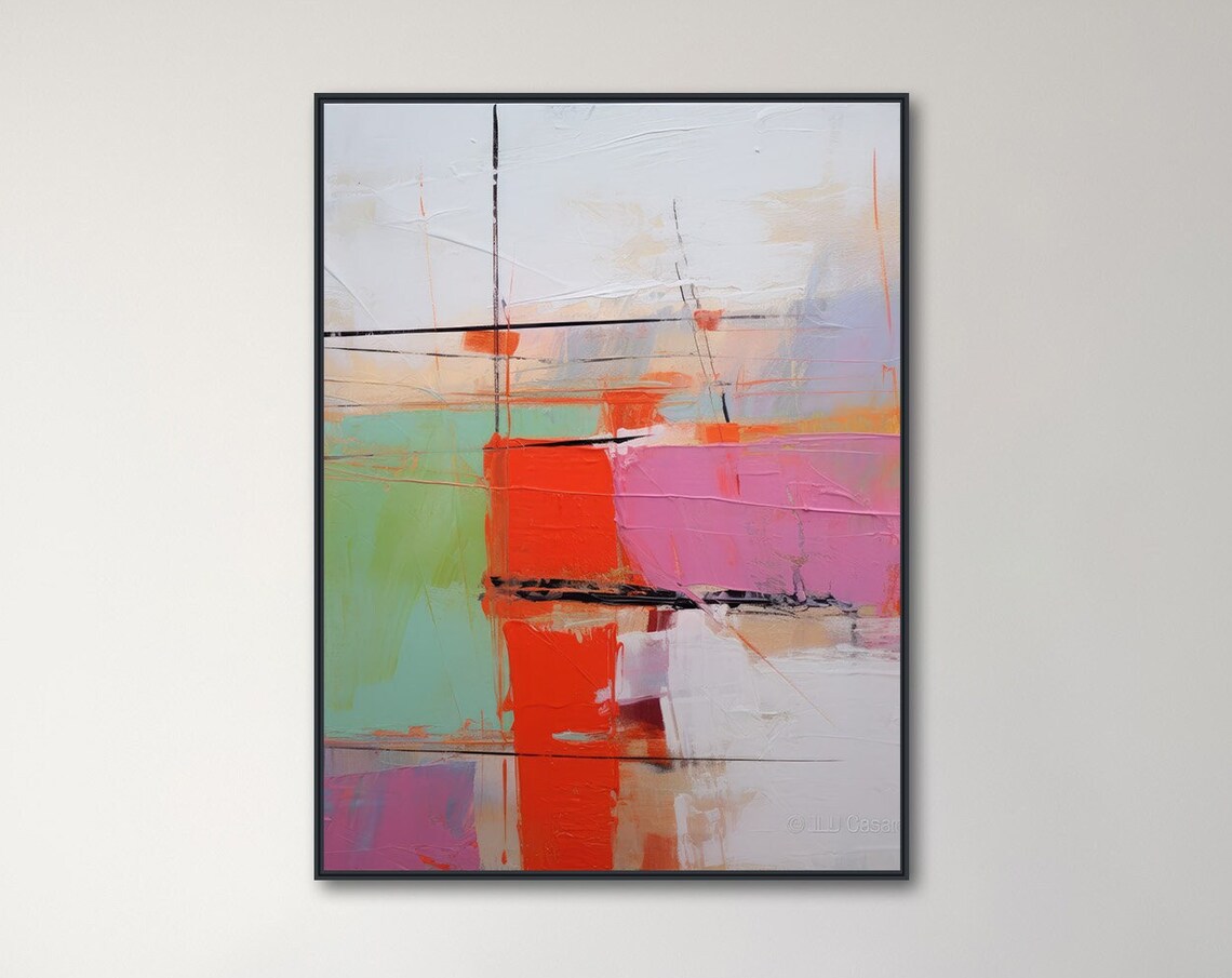 Large Abstract Wall Art Framed Print Modern Abstract Painting Extra Large Orange Mint Purple Artwork Inception 1