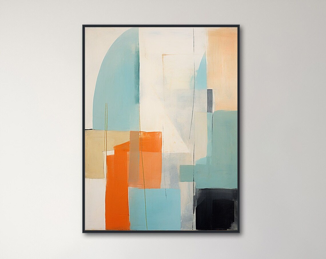 Large Minimal Wall Art Modern Abstract Painting Framed Print Beige Orange Teal Pastel Pallet 2