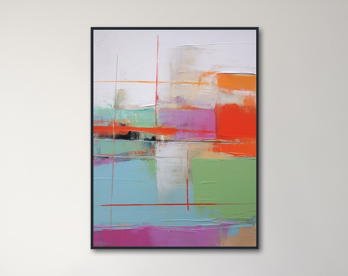 Large Abstract Wall Art Framed Print Modern Abstract Painting Extra Large Orange Mint Blue Artwork Inception 3