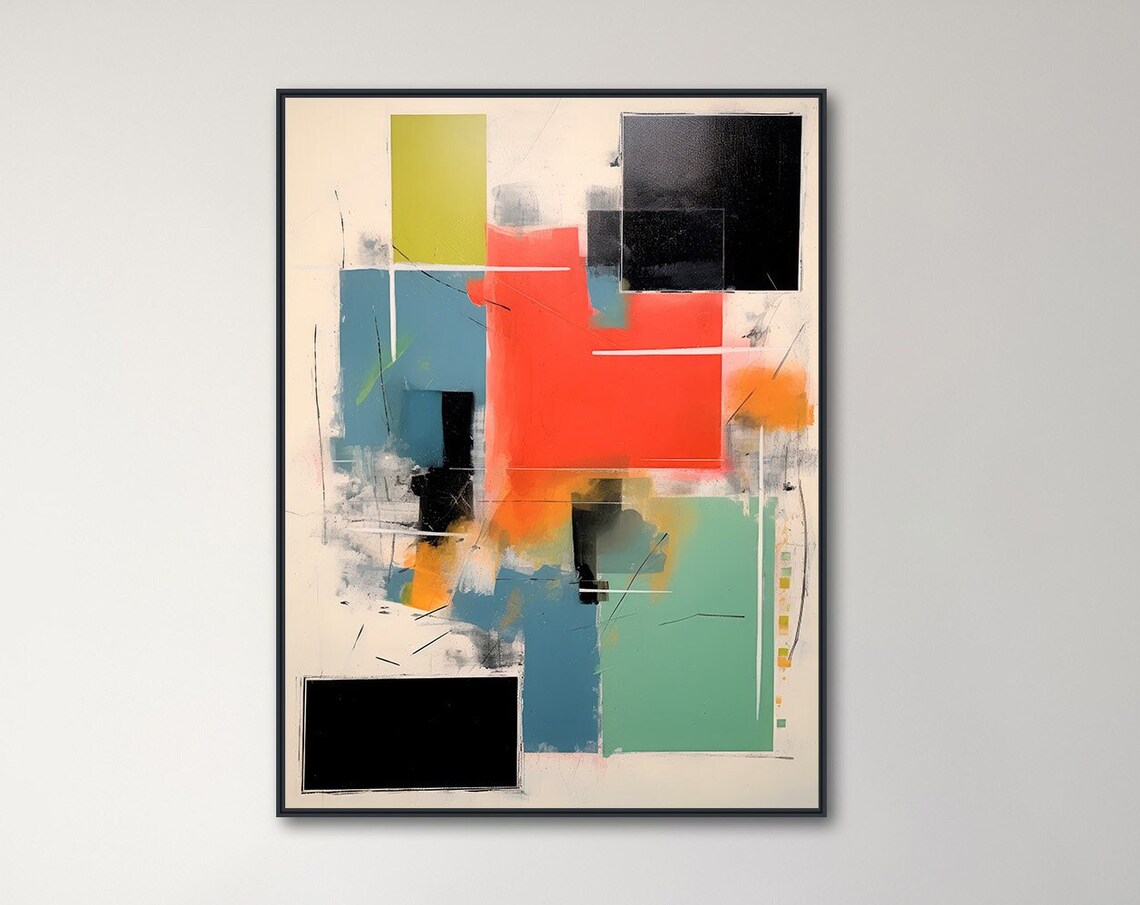 Large Geometric Wall Art Framed Print Modern Abstract Painting Orange Black Teal Perfect Proportions