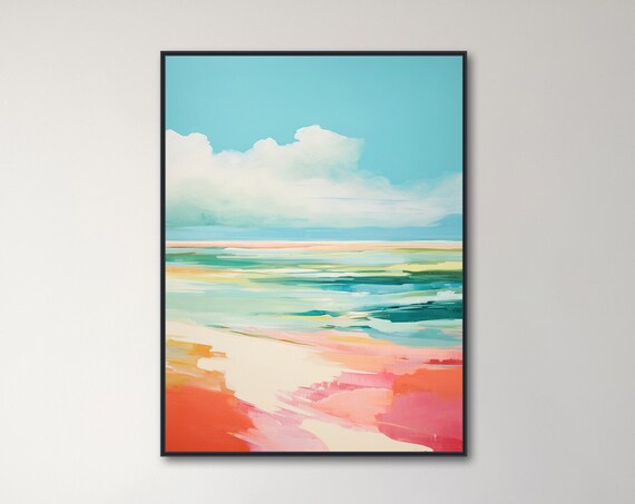 Turquoise Sky Over Coral Waves Abstract Beach Painting Poster