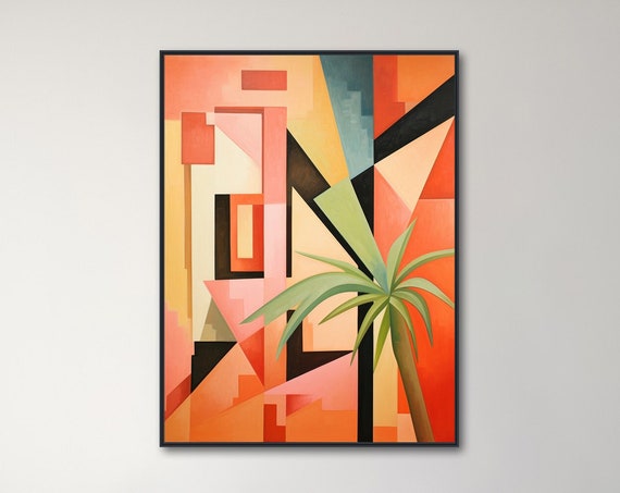 Large Mid Century Wall Art Framed Print Midcentury Modern Abstract Painting Extra Large Geometric Artwork Tiki Tones