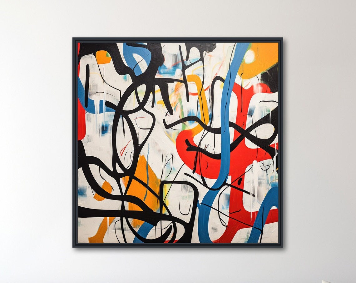 Colorful Abstract Expressionist Black Red Blue Gestural Wall Art