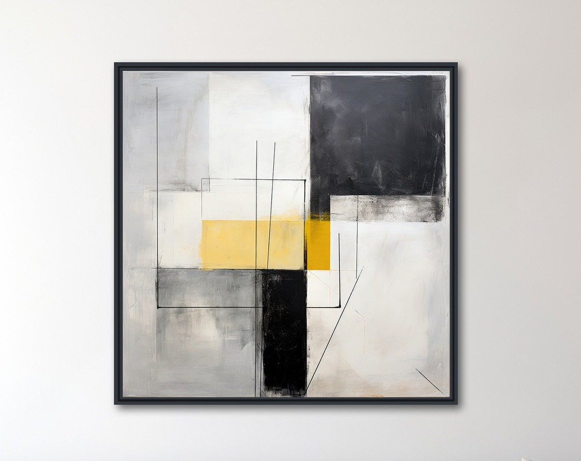 Large Geometric Wall Art Framed Print Modern Abstract Painting Black And White Minimal Geometric Artwork Turn Back