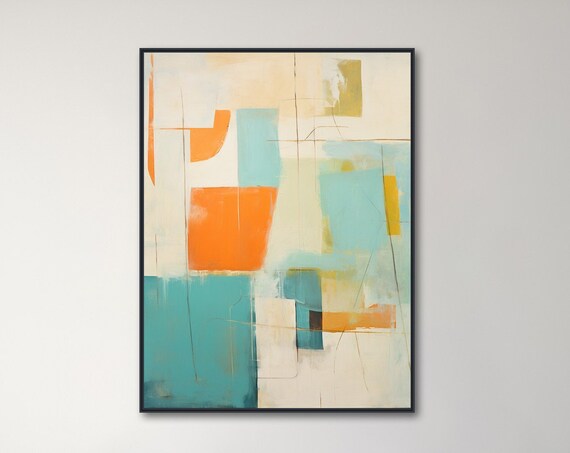 Large Minimal Wall Art Modern Abstract Painting Framed Print Beige Orange Teal Pastel Pallet 1