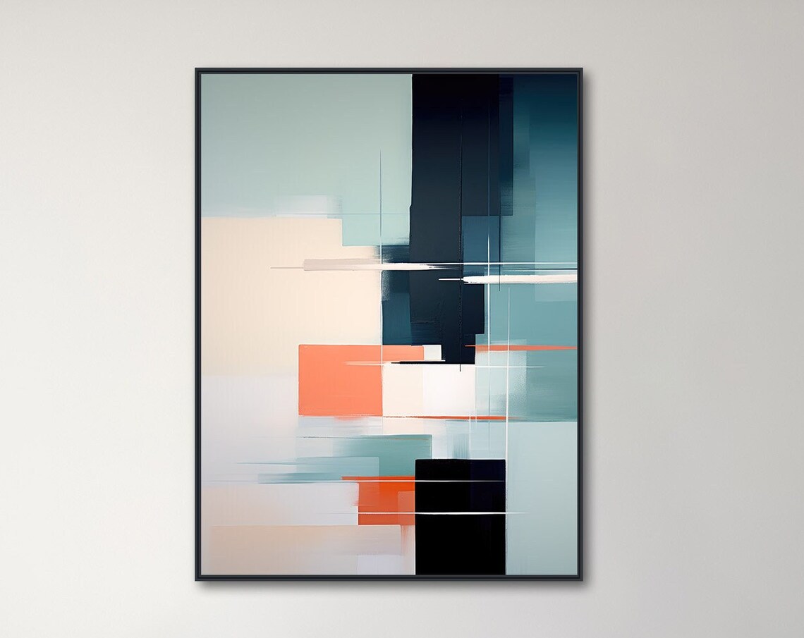 Large Abstract Wall Art Modern Geometric Painting Framed Print Black Teal Orange Quiet Voyage 3
