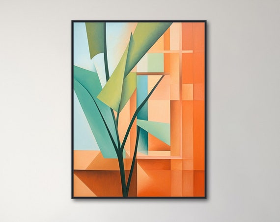 Large Mid Century Wall Art Framed Print Midcentury Modern Abstract Painting Tropical Botanical Artwork Getaway
