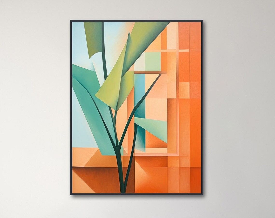Large Mid Century Wall Art Framed Print Midcentury Modern Abstract Painting Tropical Botanical Artwork Getaway