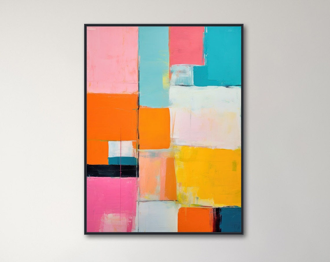 Colorful Geometric Blocks Pink Orange Teal Mid Century Wall Art