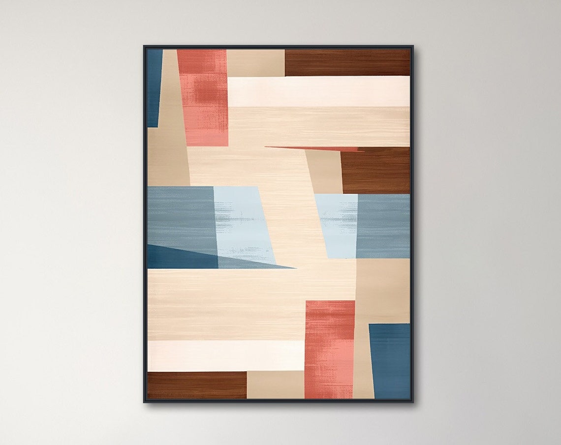 Beige Blue Coral Geometric Abstract Mid Century Modern Wall Art