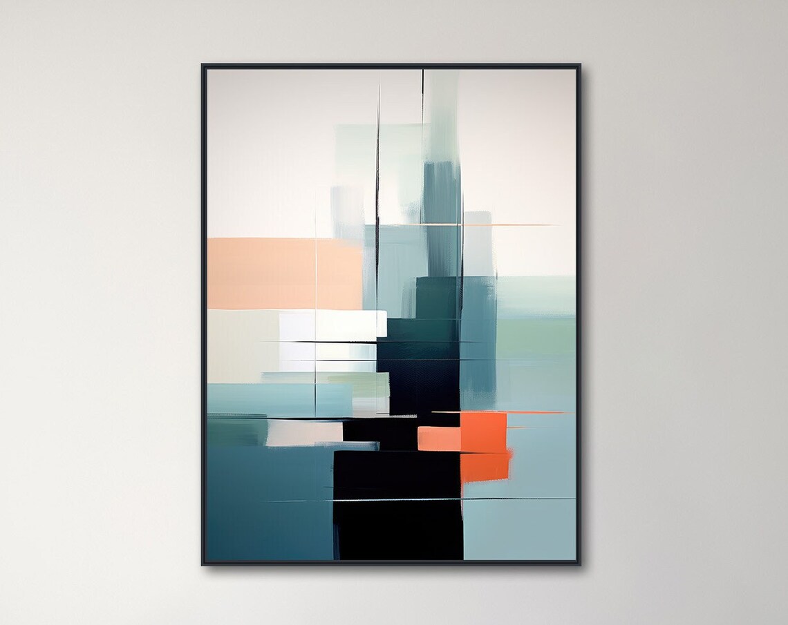 Large Abstract Wall Art Modern Geometric Painting Framed Print Black Teal Orange Quiet Voyage 1