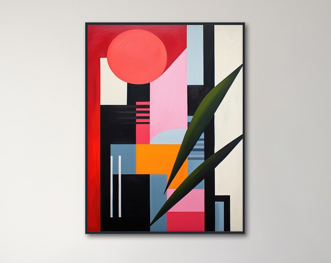 Large Mid Century Wall Art Framed Print Midcentury Modern Abstract Painting Tropical Botanical Artwork Outside