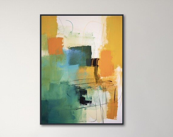 Abstract Expressionist Painting Framed Print Large Modern Wall Art Teal Green Orange Tan Earth Tones Warm Season