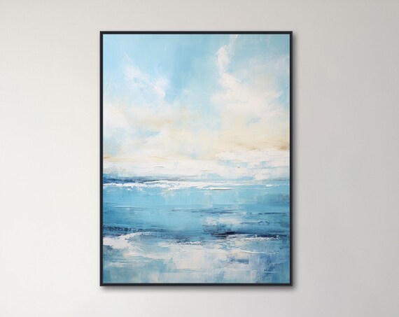 Calm Light Blue Abstract Ocean Waves Beneath Pale Sky Poster