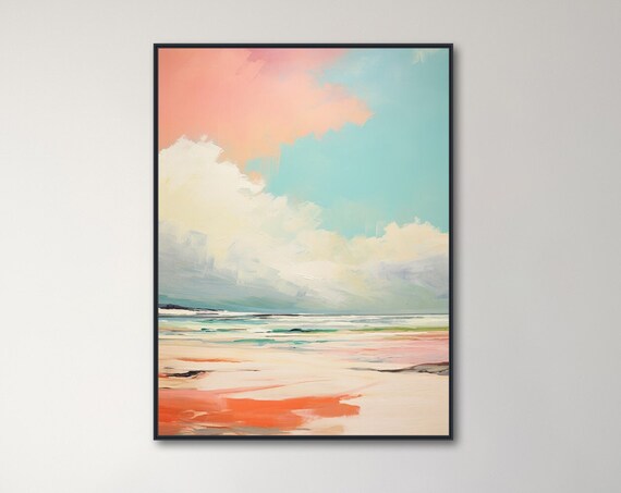 Dreamy Warm Peach Coral Abstract Beach With Teal Sky Modern Poster
