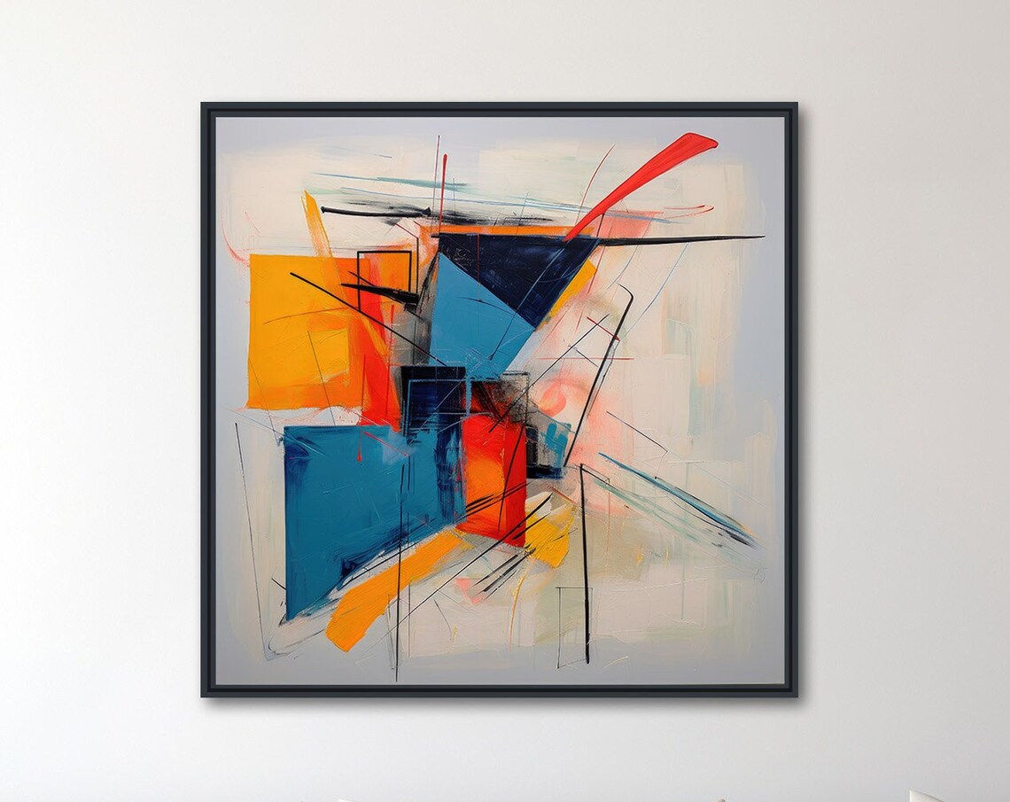 Large Abstract Wall Art Framed Print Modern Abstract Expressionist Painting Blue And Orange Multifacet 2