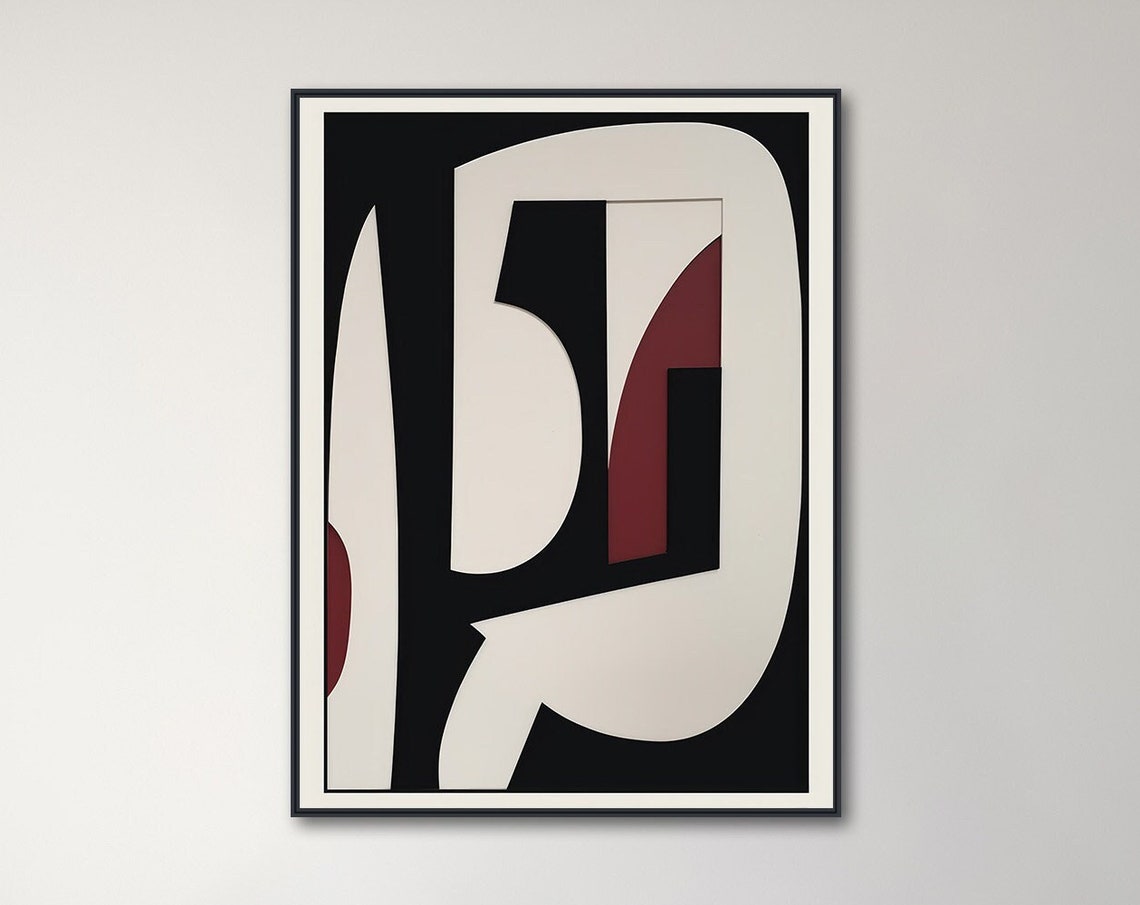 Elegant Black Cream Geometric Swirl With Burgundy Accents Poster