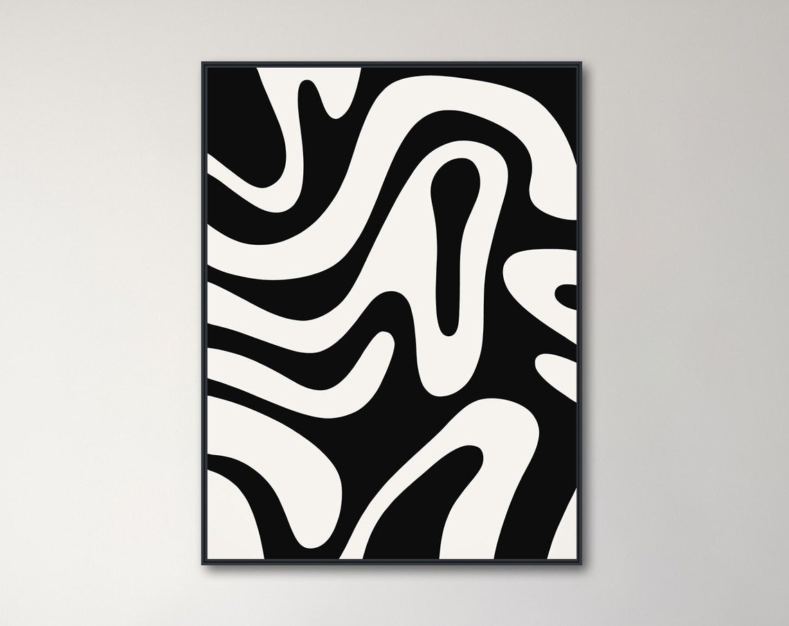Black White Wavy Lines Abstract Minimal Organic Shapes Wall Art