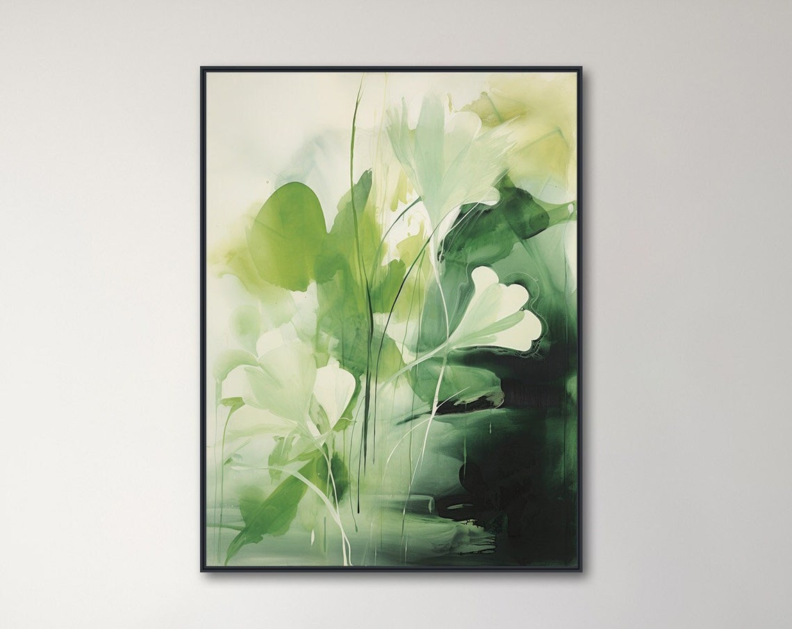 Green White Watercolor Botanical Leaves Soft Nature Abstract Poster