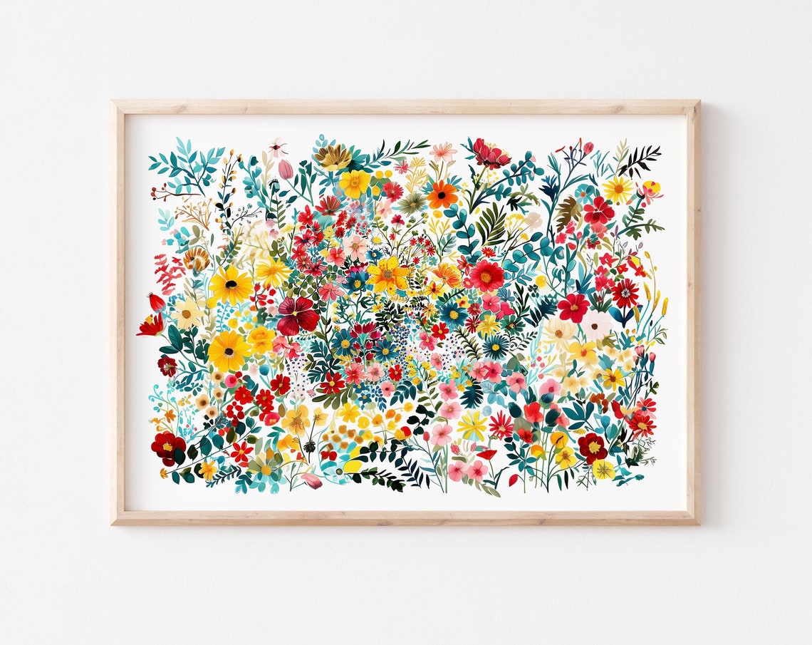 Watercolor Painting Of A Colorful Flower Garden Wall Art Bright Colors Field Of Flowers Landscape Art Pastel Flowers