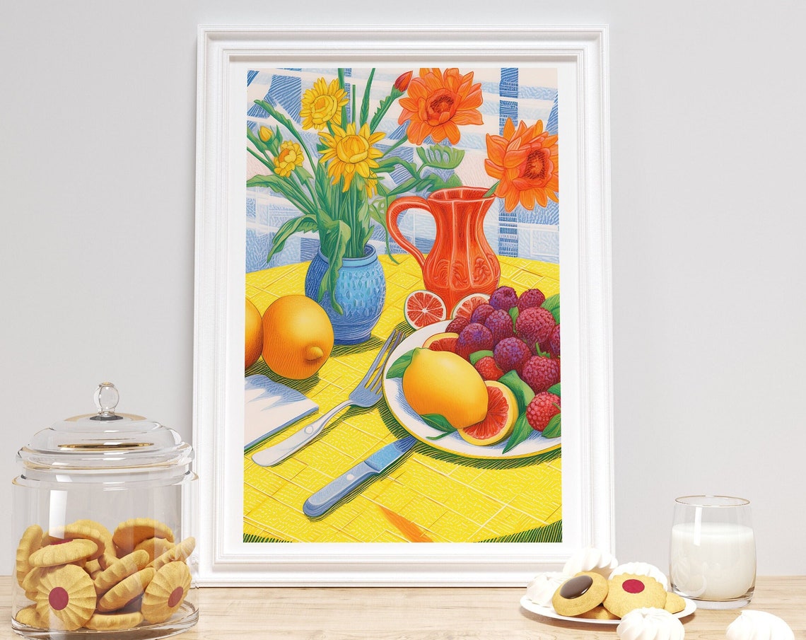 Fruit Still Life Kitchen Lemons Raspberries Flowers Wall Art