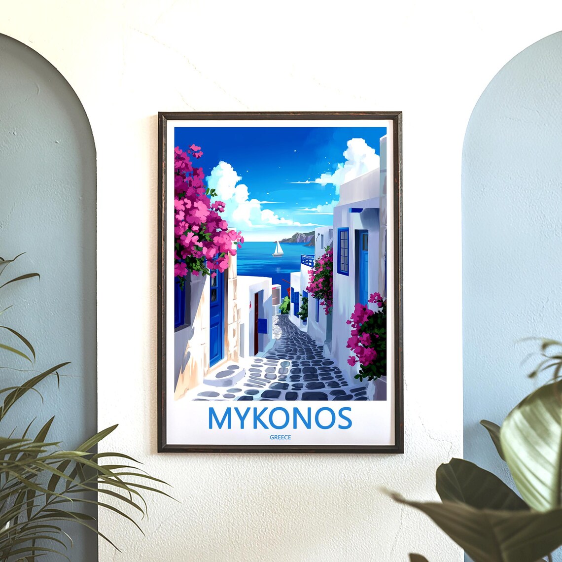 Mykonos Close-Up of Traditional Windmill with Blue-Domed Church Poster - Image 3