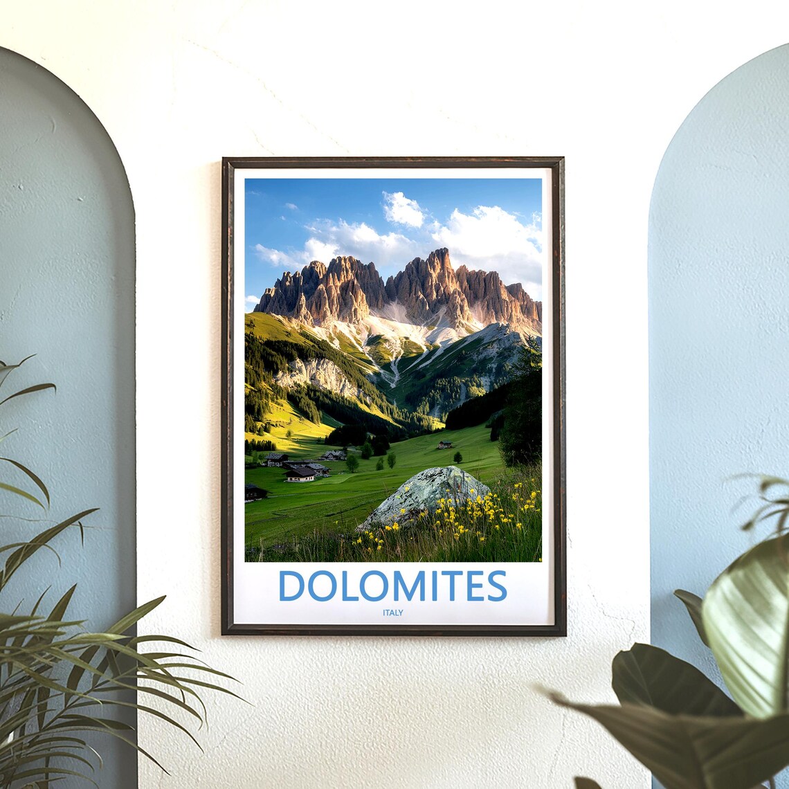Dolomites Chalets with Wildflowers in Valley Italy Travel Poster - Image 3