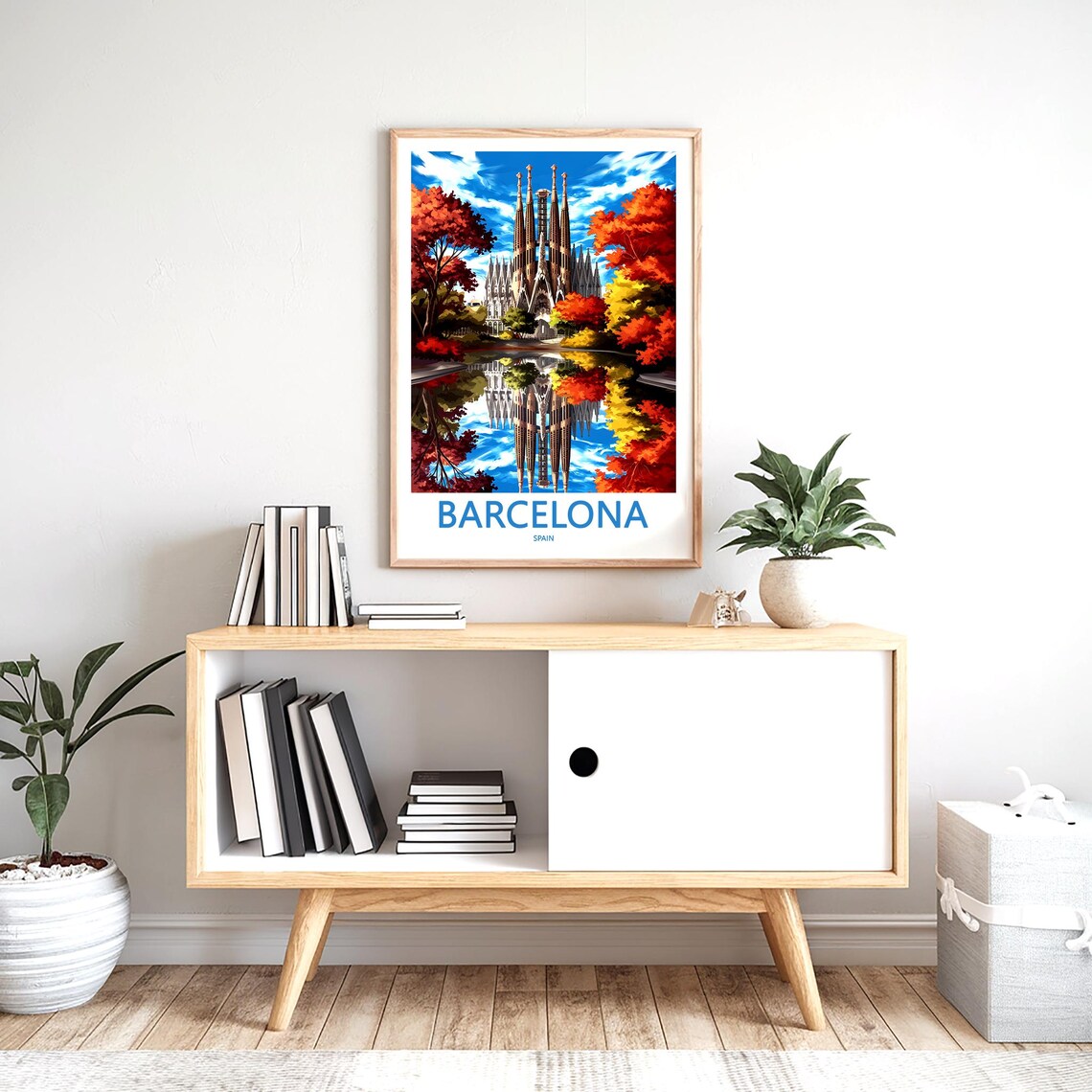 Barcelona Sagrada Família Painted Autumn Reflection Art Poster - Image 2