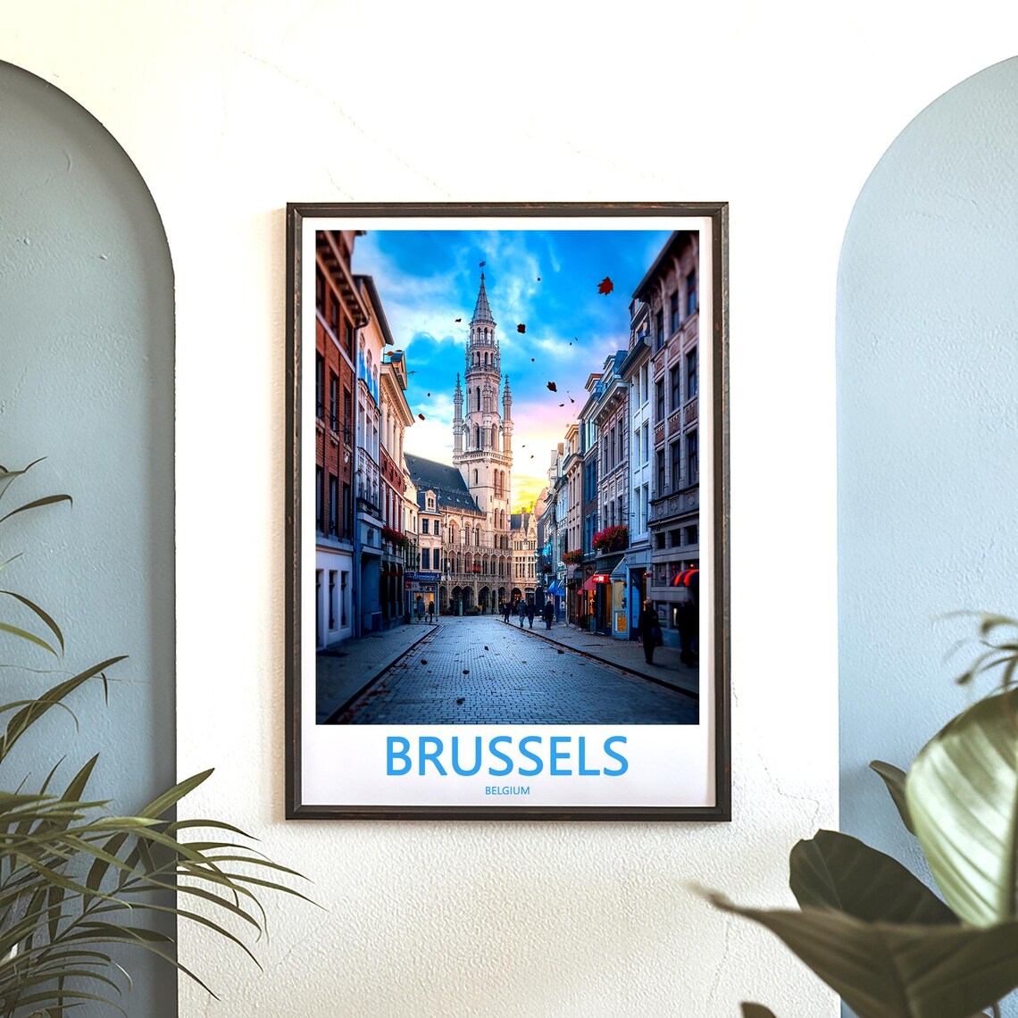 Brussels Grand Place Town Hall Tower Sunset Street View Travel Poster - Image 3