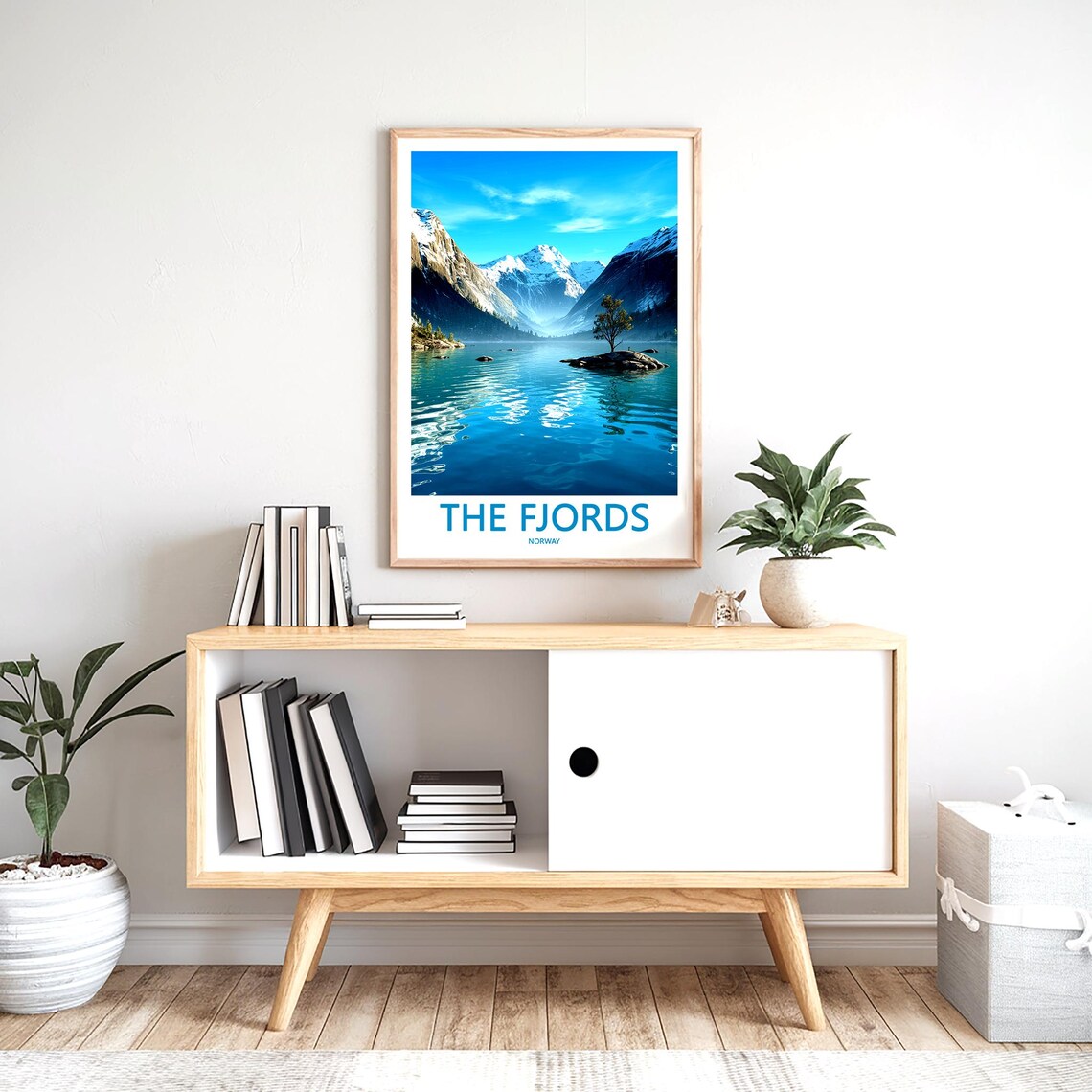 The Fjords Norway Snowy Peak Lone Tree Islet Illustrated Poster - Image 2