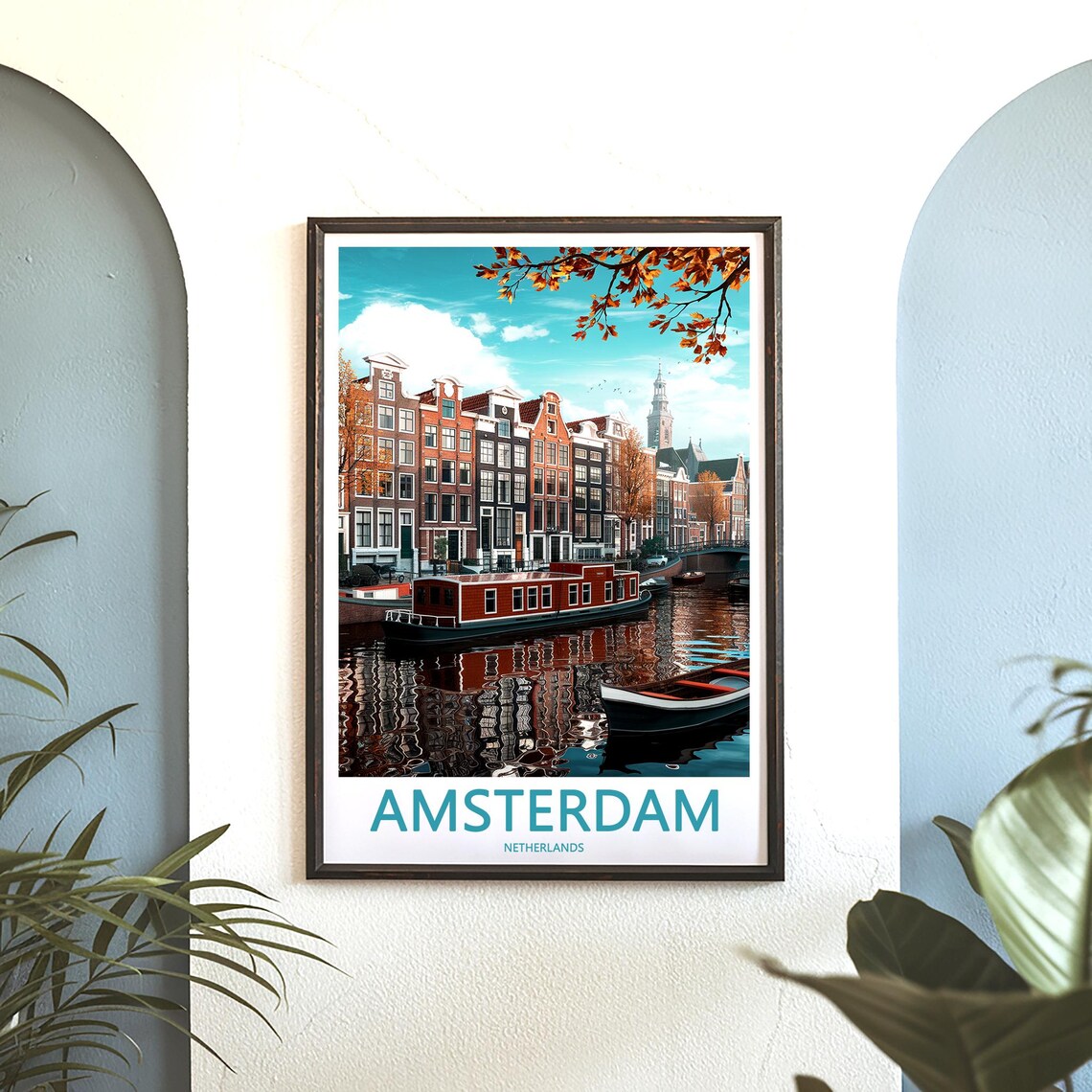 Amsterdam Autumn Canal with Houseboats and Red Trees Art Poster - Image 3