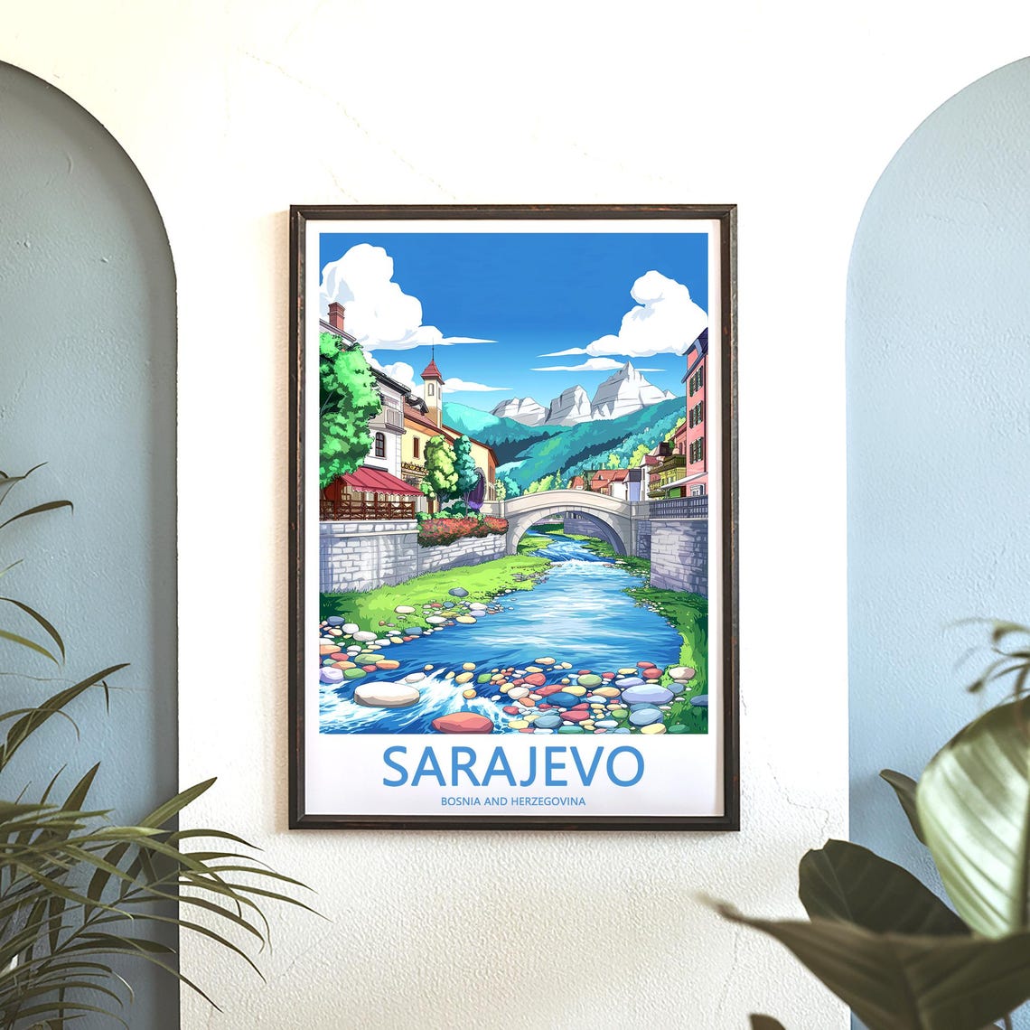 Sarajevo Miljacka River Stone Bridge Anime Mountains Travel Poster - Image 3