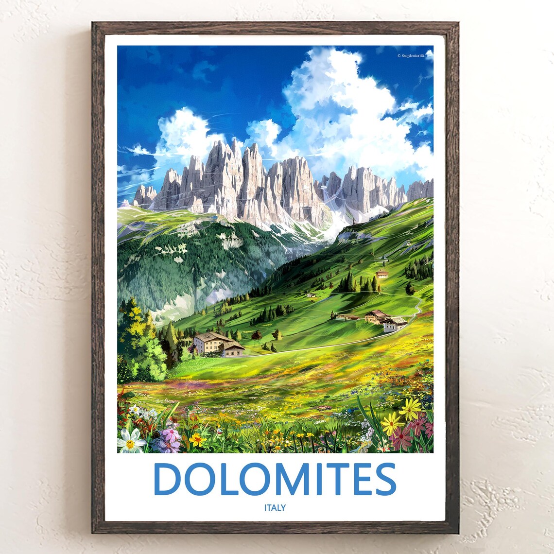 Dolomites Chalets among Colorful Wildflowers Italy Travel Poster