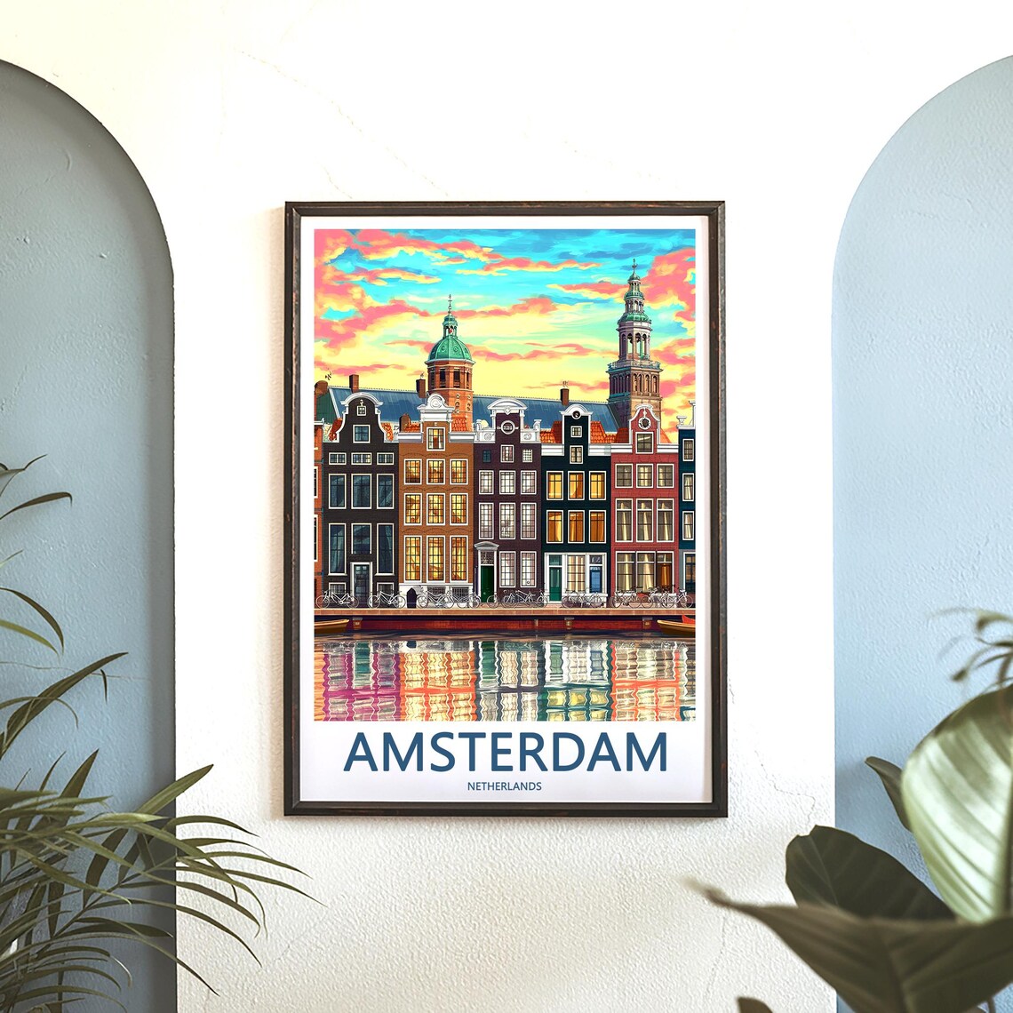 Amsterdam Gabled Canal Houses at Sunset Vintage Art Travel Poster - Image 3