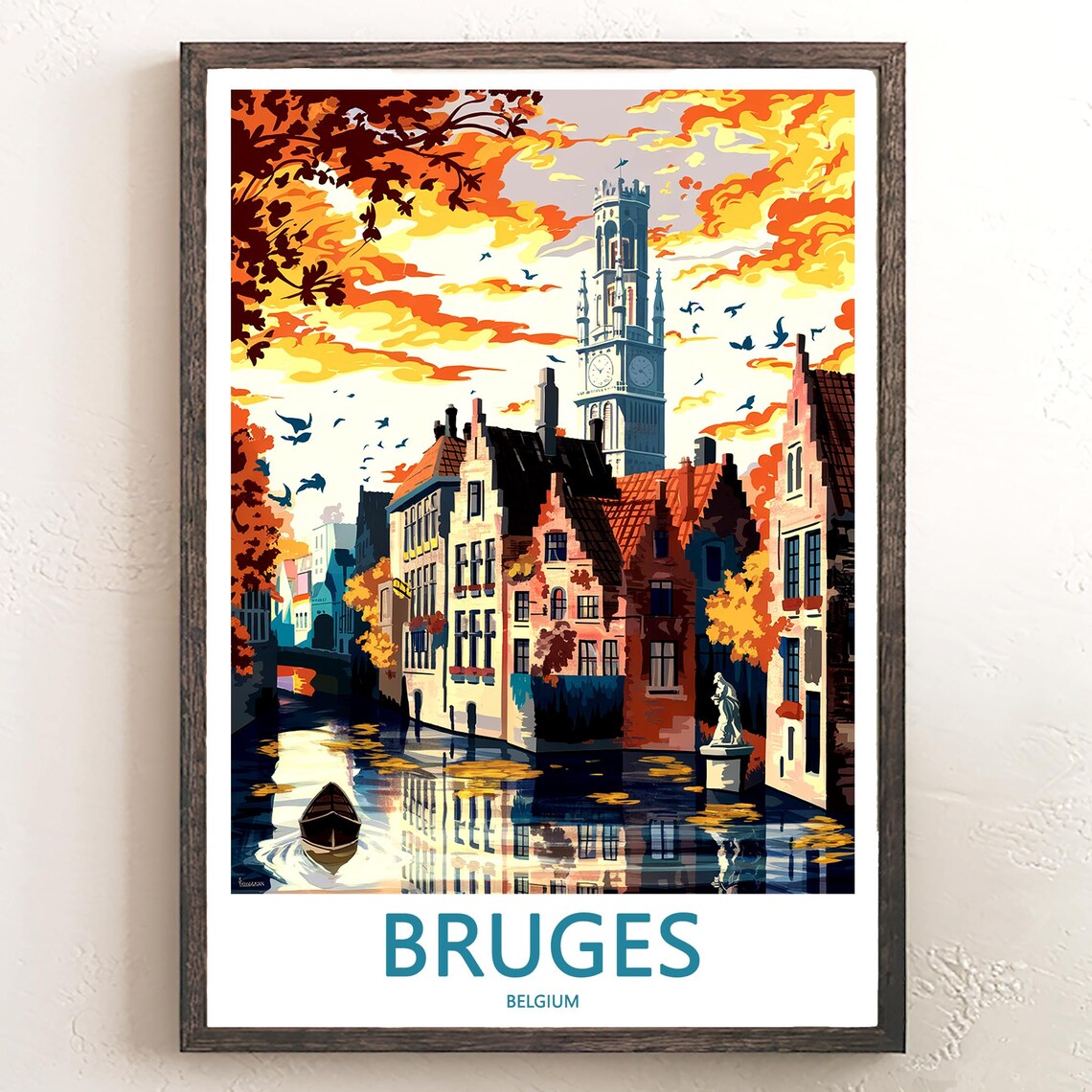 Bruges Fiery Sunset over Canal and Belfry Tower Travel Poster
