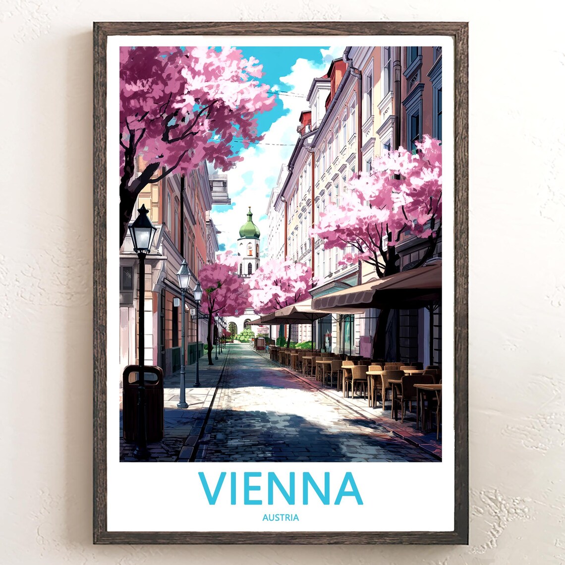 Vienna Cherry Blossom Street with Cafe Terraces Austria Travel Poster