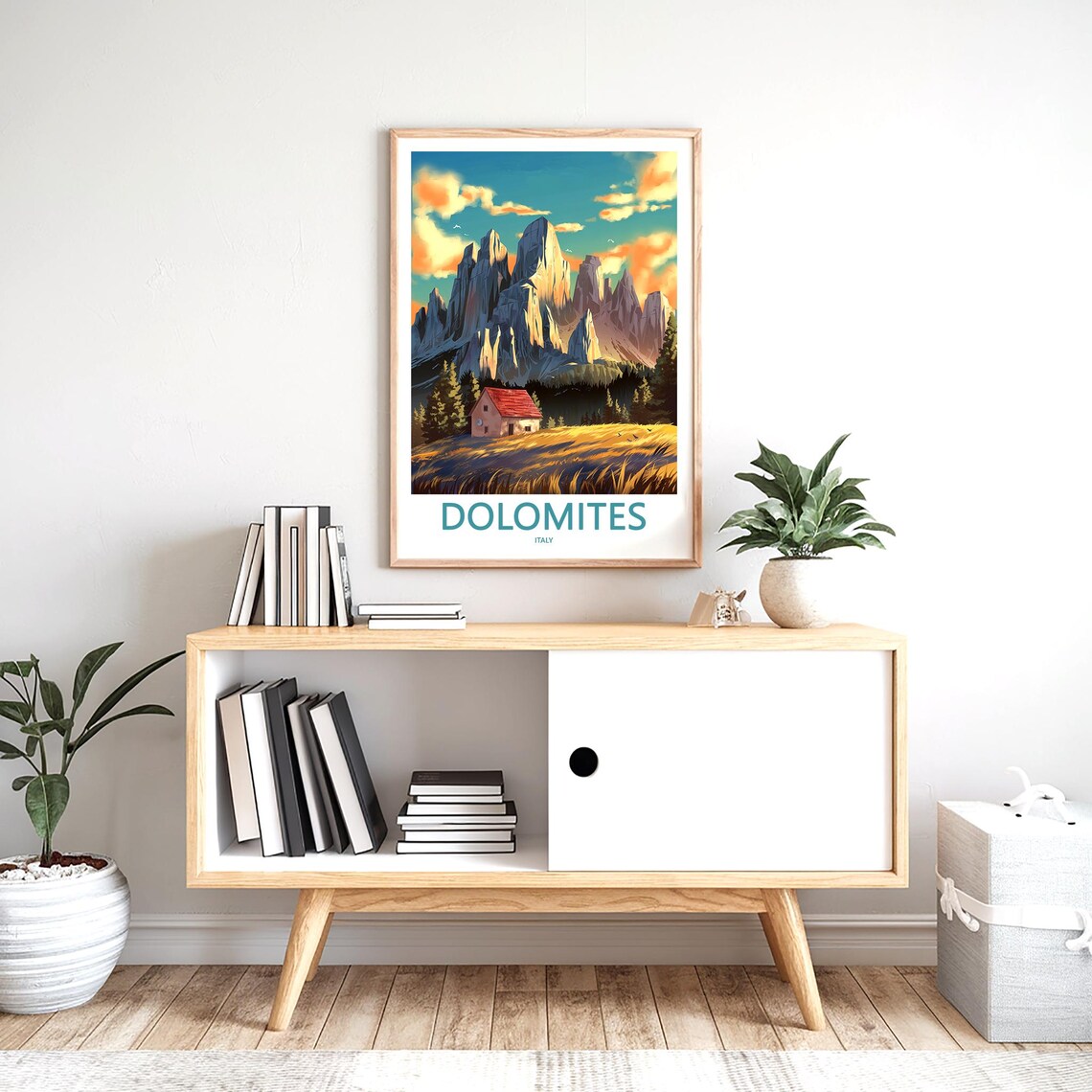 Dolomites Red Roof Hut in Golden Meadow at Sunset Travel Poster - Image 2