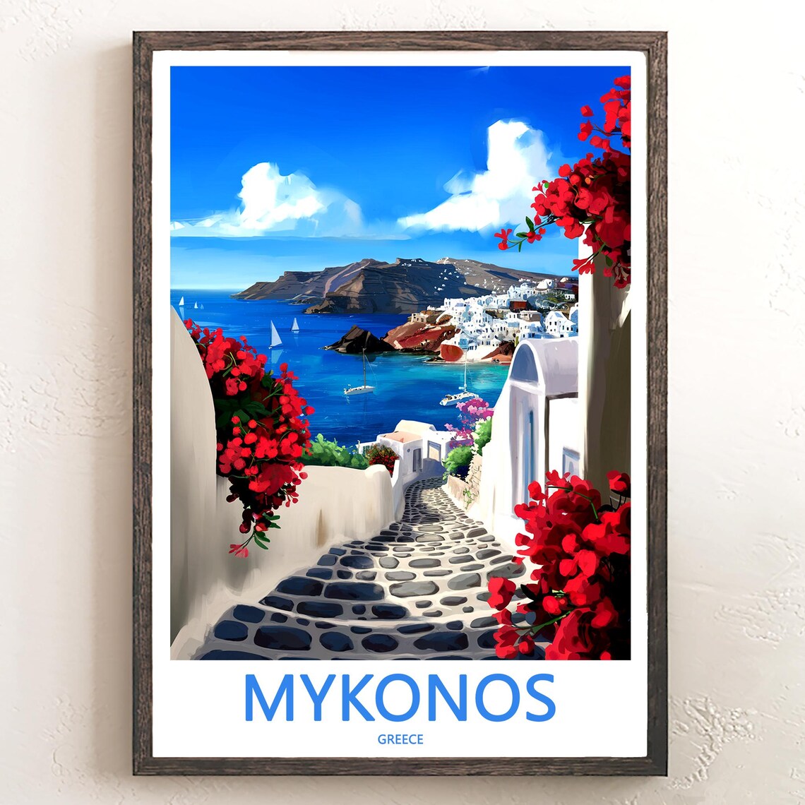 Mykonos Alley Arches Red Bougainvillea Sea View Greece Art Poster
