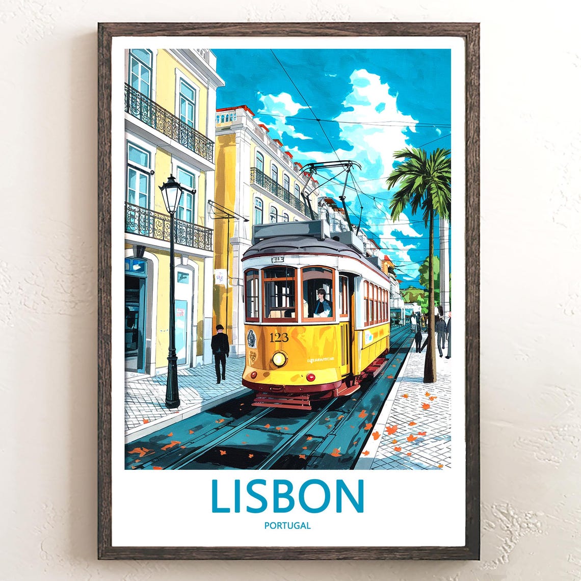 Lisbon Yellow Tram 123 on a Cobblestone Street With Palm Poster
