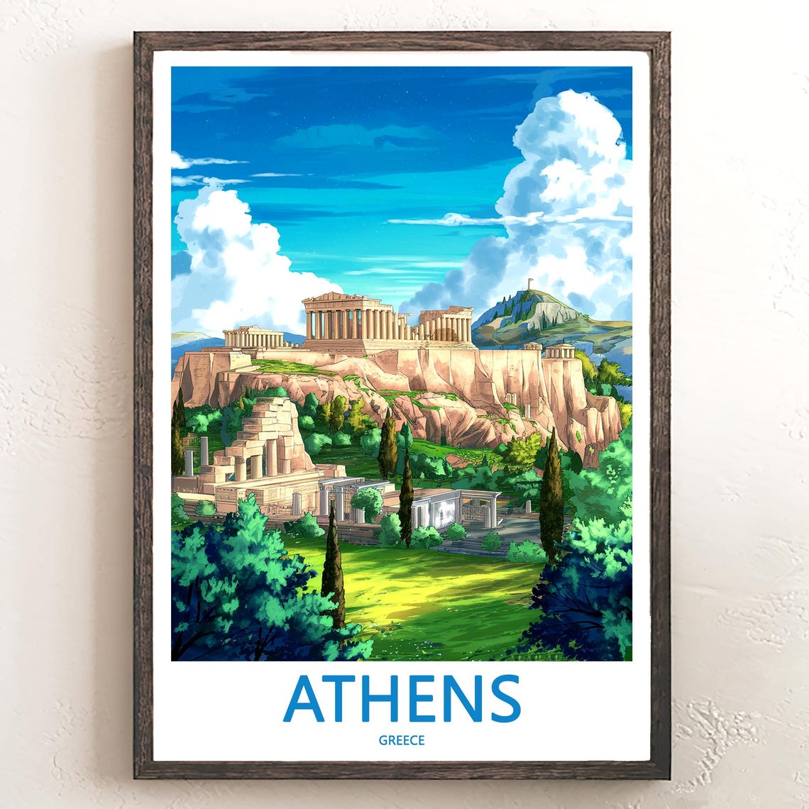 Athens Acropolis Blue Sky Green Valley Cypress Illustrated Poster