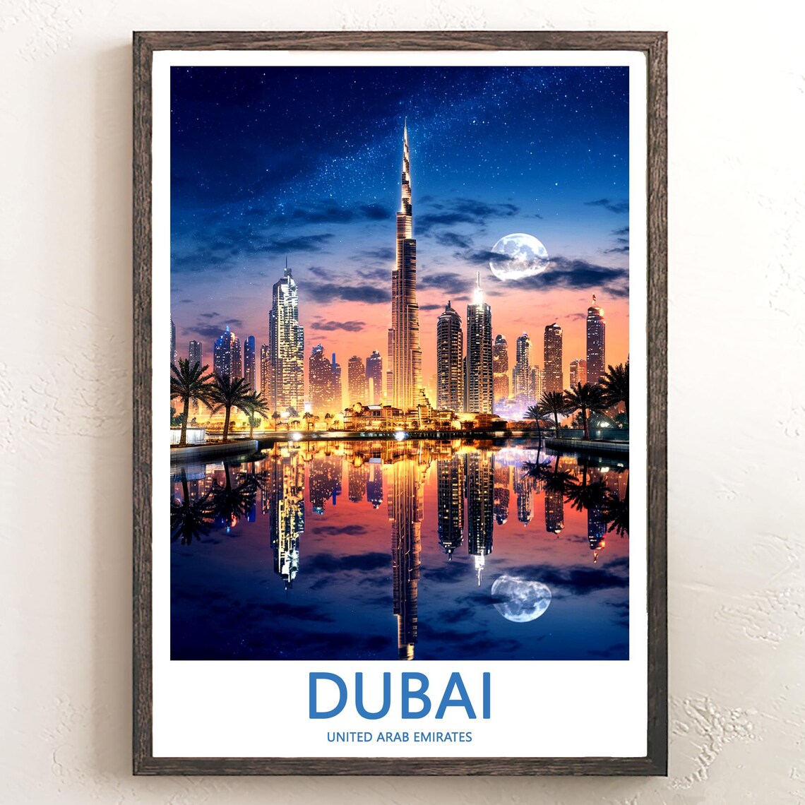 Dubai Night Full Moon Skyline with Sparkling Reflections Travel Poster