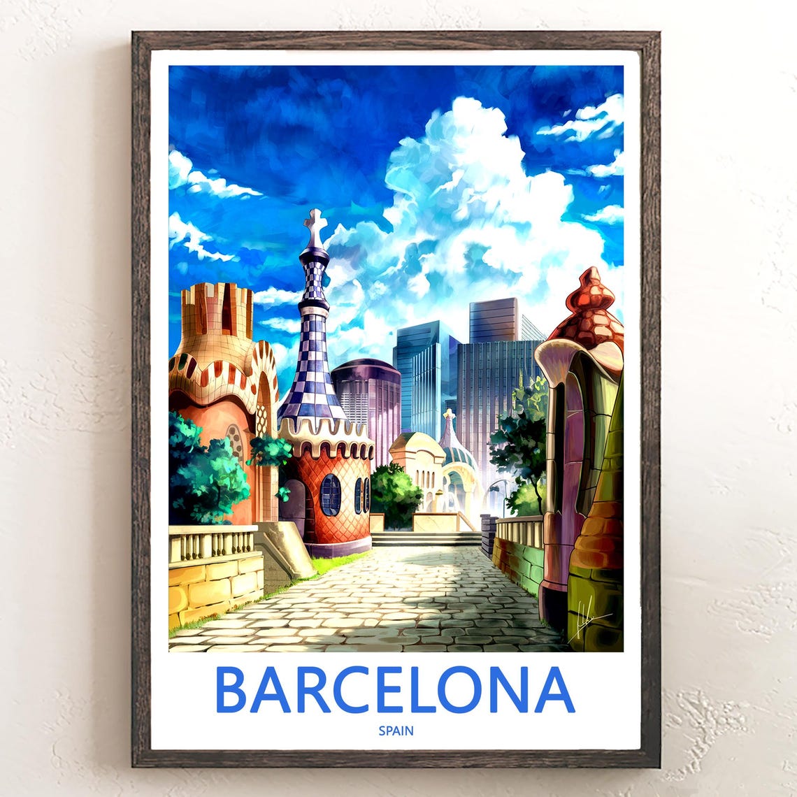 Barcelona Gaudí Tower Cobblestone Path Sunny Day Travel Poster
