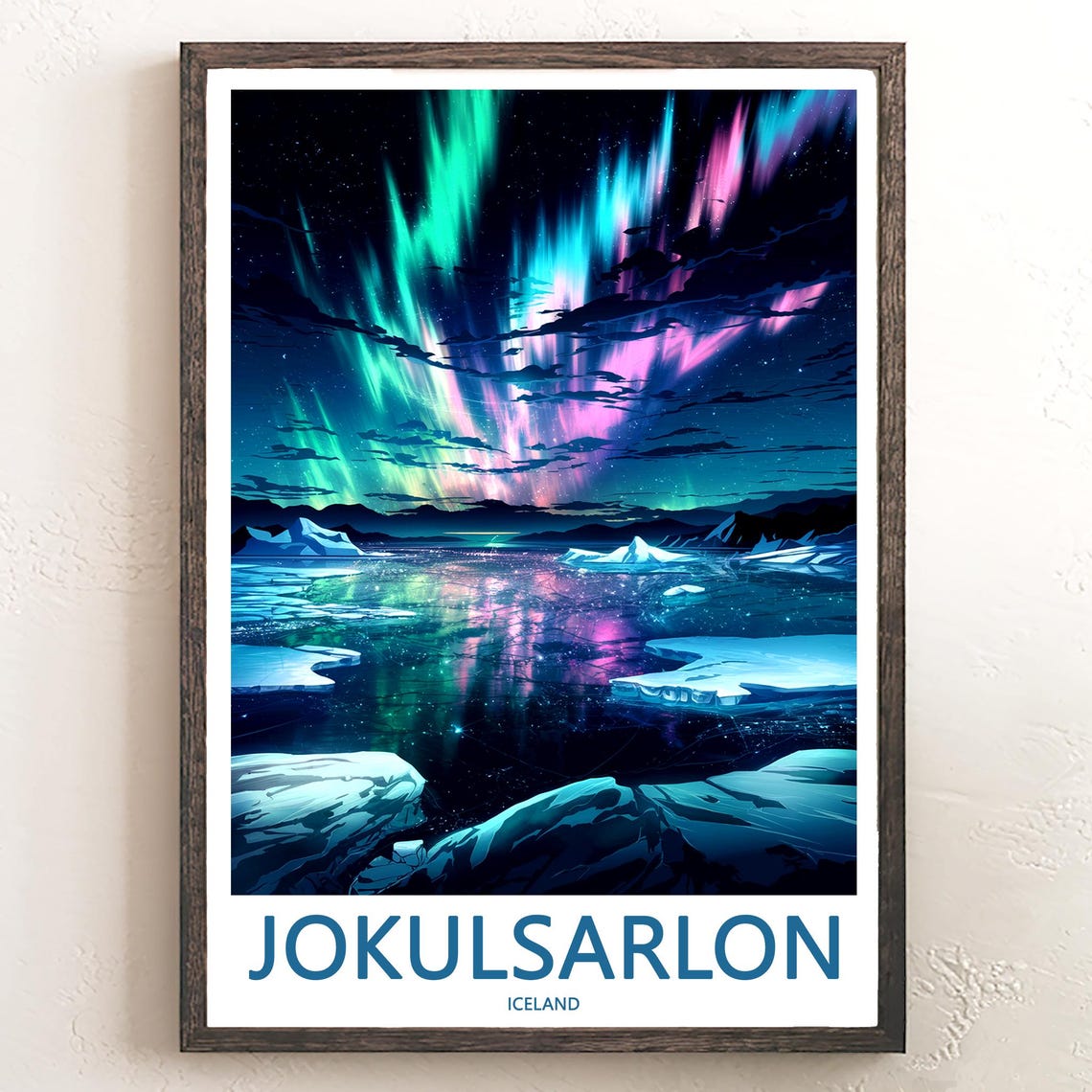Jokusarlon Iceland Aurora Borealis Over Iceberg Lagoon Art Poster