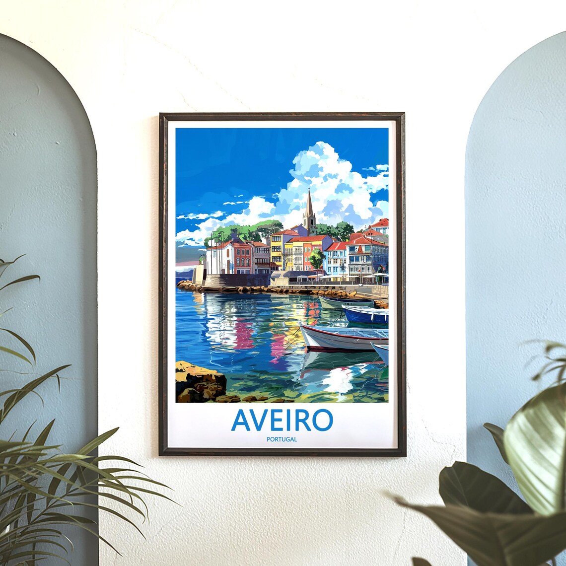 Aveiro Portugal Colorful Harbor Boats and Church Tower Poster - Image 3