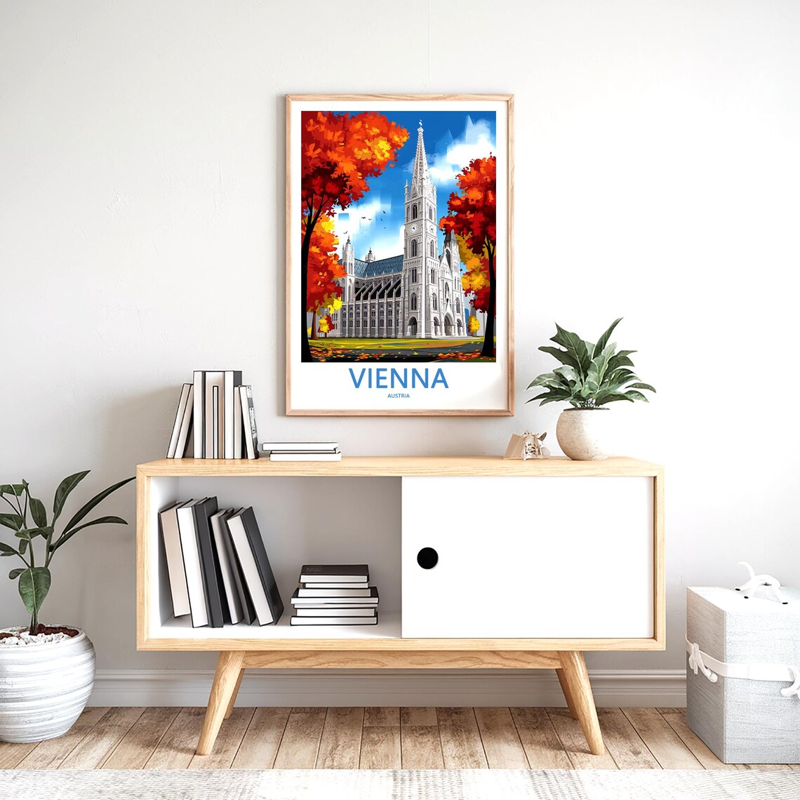 Vienna Austria White Gothic Church in Fiery Autumn Travel Poster - Image 2