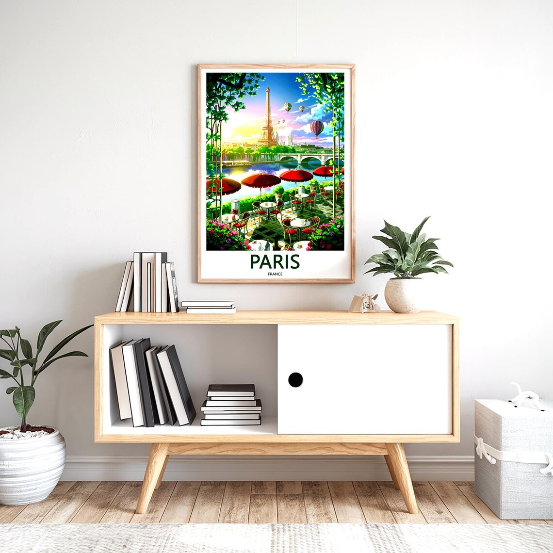Eiffel Tower Cafe Terrace Red Umbrellas Balloons Paris France Poster - Image 2