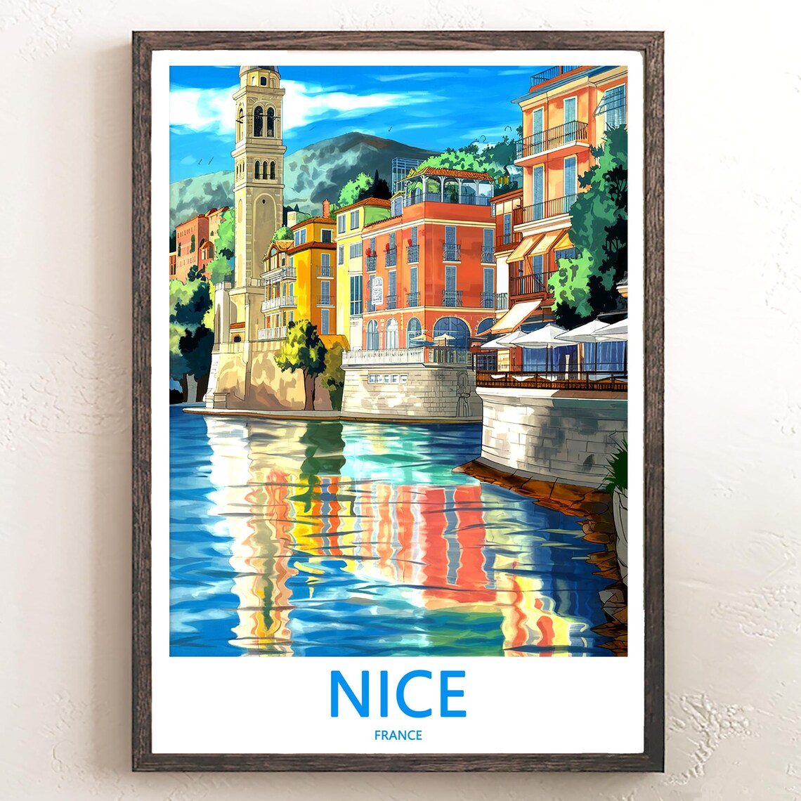 Nice France Bell Tower Waterfront Reflection Travel Art Poster